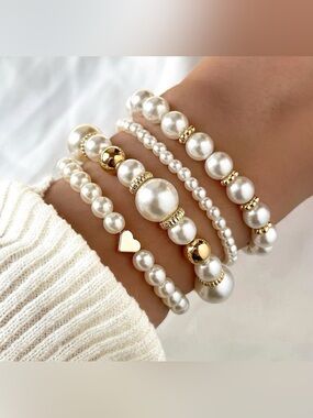 NEW Chunky Faux Pearl & Gold Bracelet Set - 4 Piece Stack - Romantic Boho